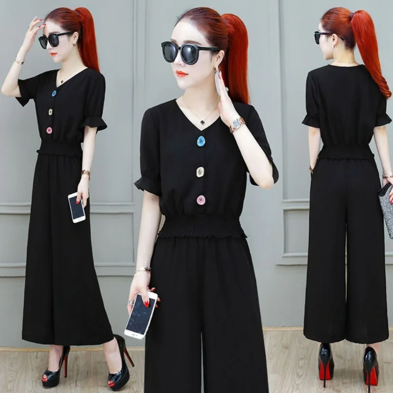 

Two Piece Set Crop Top And Wide Leg Pants Outfits 2021 Summer New Fashion Casual Chiffon Sweat Suits For Women Plus Size Clothes