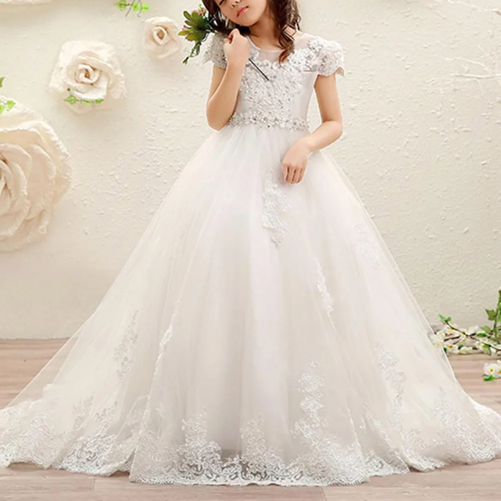 

Qality Lace Kids Pageant Dress Flower Girl Dresses for Wedding Beading White Communion Dress for Girls Aged 4-14 Years