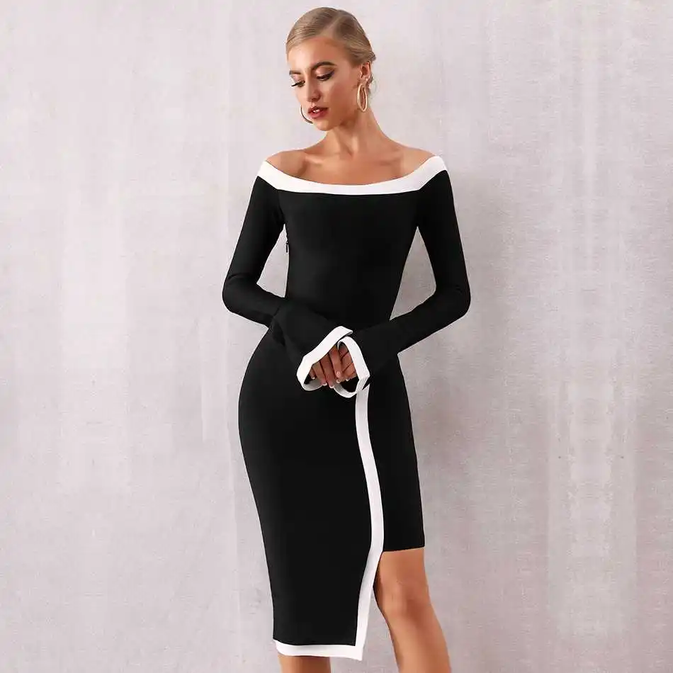 Женское облегающее платье Seamyla черное лоскутное с длинным рукавом и открытыми