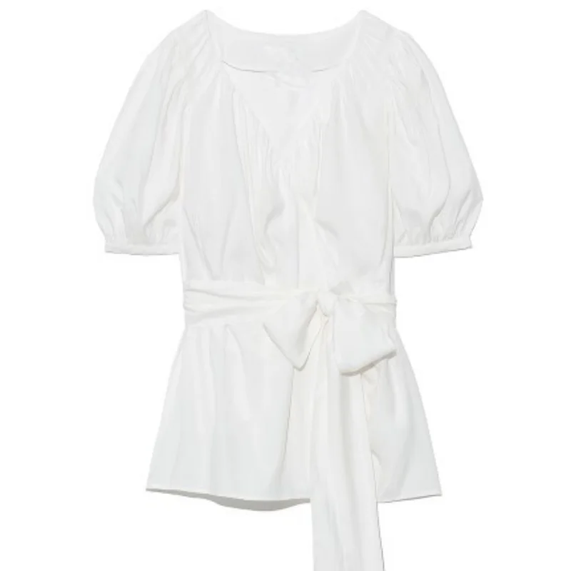 

Japanese Sweet Elegant Solid Blouse Cross V-neck Bow Tie Slim Waist Short Sleeve Shirts 2021 Summer Chic Blusas Mujer Moda