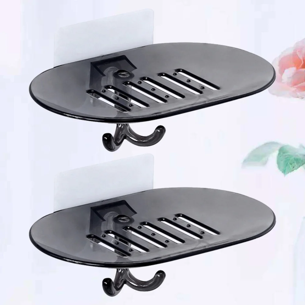 

2pcs Wall Mounted Soap Rack Bathroom Soap Storage Box Plastic Soap Rack Soap Draining Board with Hook (Black)