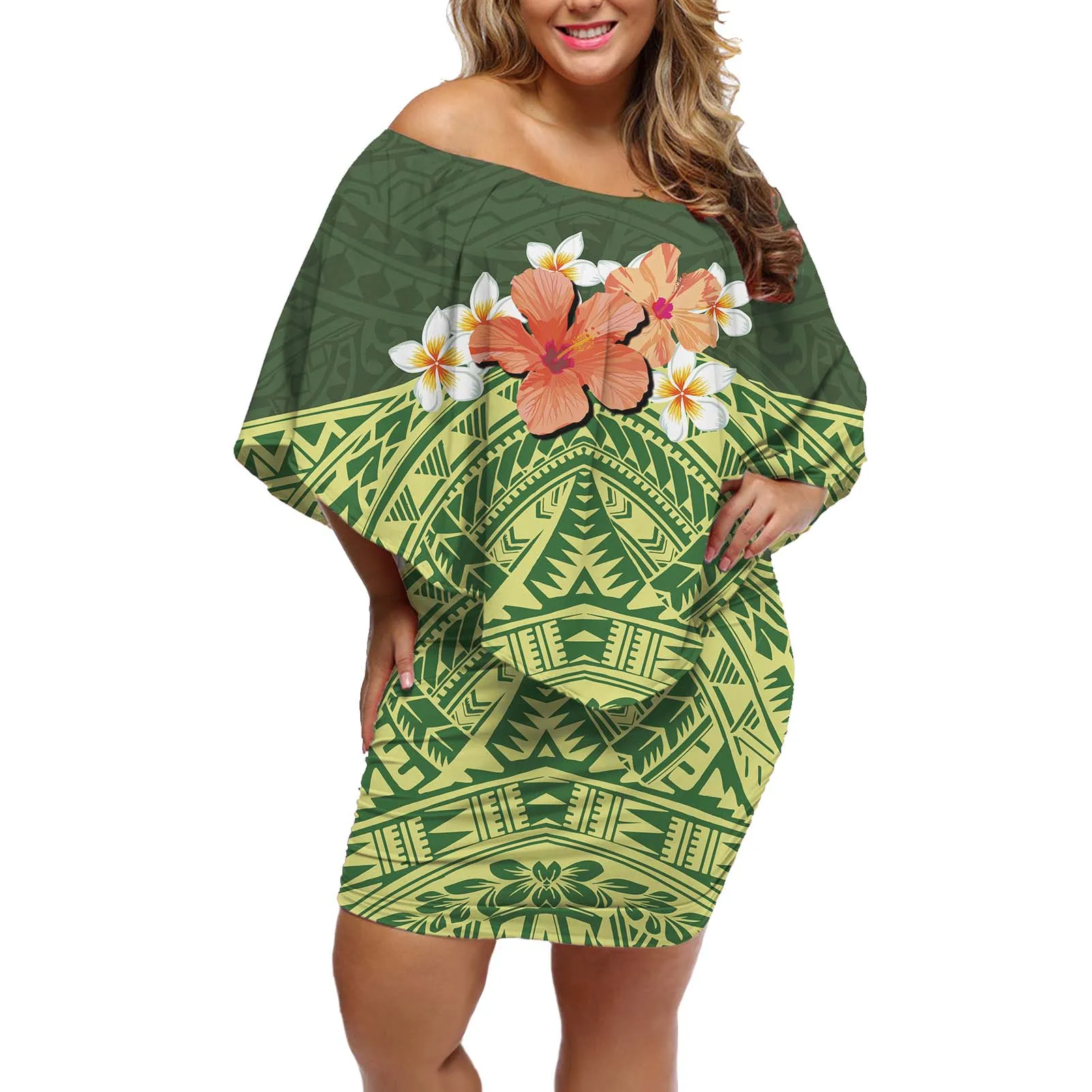 

Hycool Factory Outlet Green Hibiscus Design Off Shoulder Dress Vendors Polynesian Stripe Print Summer Casual Women Night Dresses