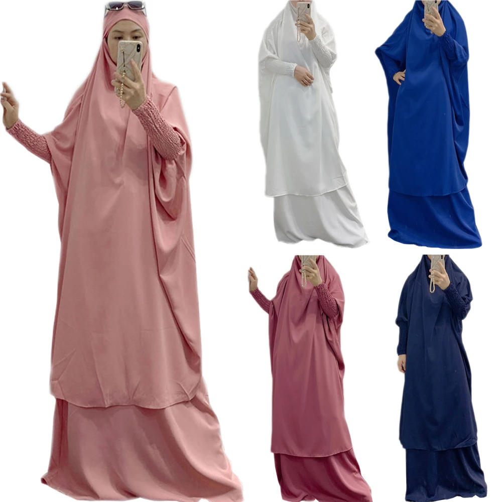 ИД мусульманская женская длинная одежда с капюшоном Khimar Paryer комплект из 2 предметов абайя платье полное покрытие мусульманская одежда Кафт...