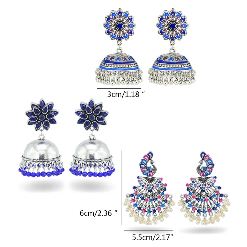 

3 Pairs Vintage Ethnic Peacock Flower Design Blue Indian Drop Earrings Indian Oxidized Tribal Earrings Jewelry for Women