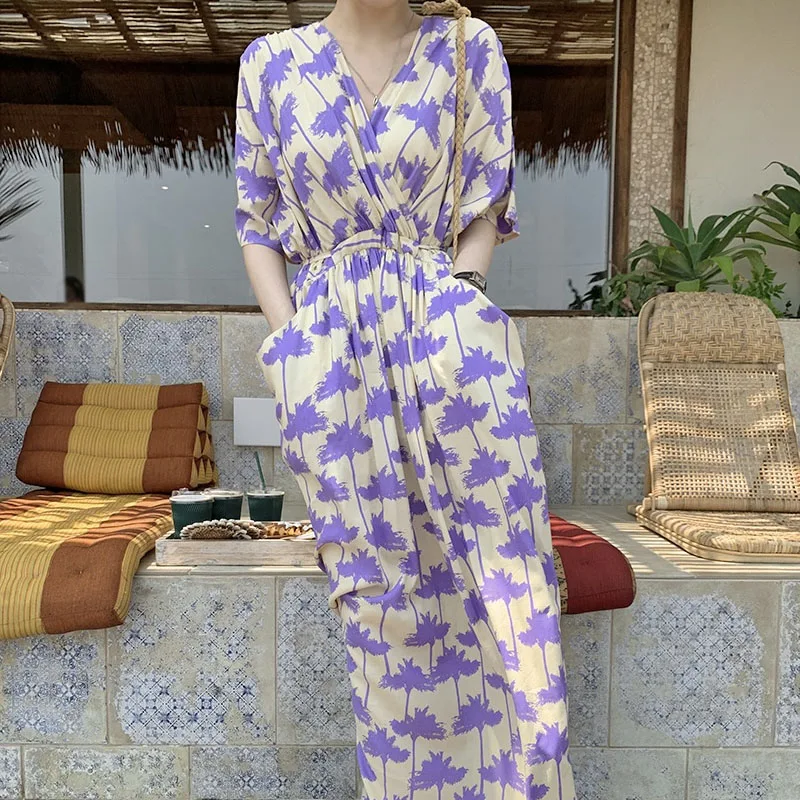 

Korean Elegant V-Neck Bohemian Long Dress Female New Loose Printing Bat Wing Large Pocket Casual Holiday Summer Dress One-Piece