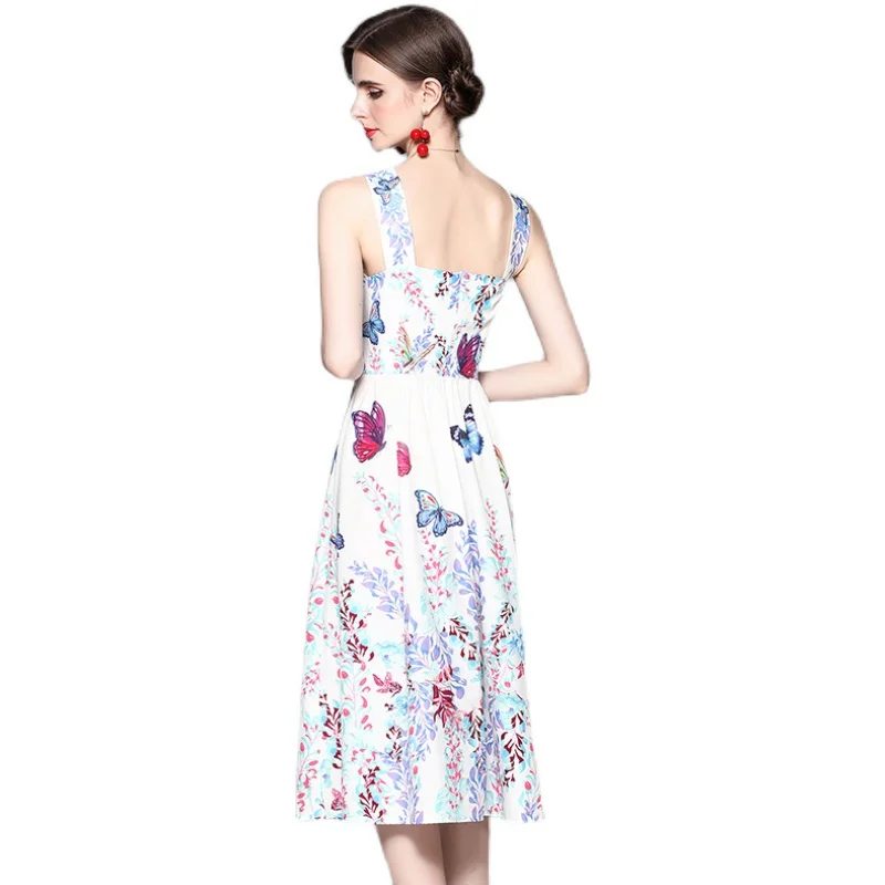 

Banulin Fashion Runway Summer Midi Dress Women's Beading Floral print Elegant Bohemia Vacation Spaghetti Strap Dress N68298