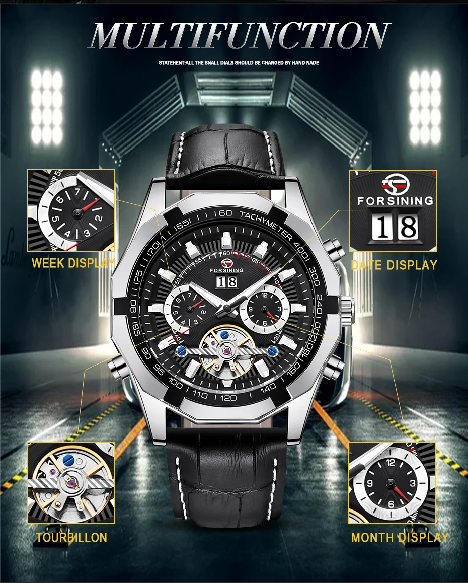 FORSINING, модные мужские Tourbillon, автоматические часы, Серебряный Скелет, кожаный ремешок, военные механические наручные часы, мужские спортивные часы