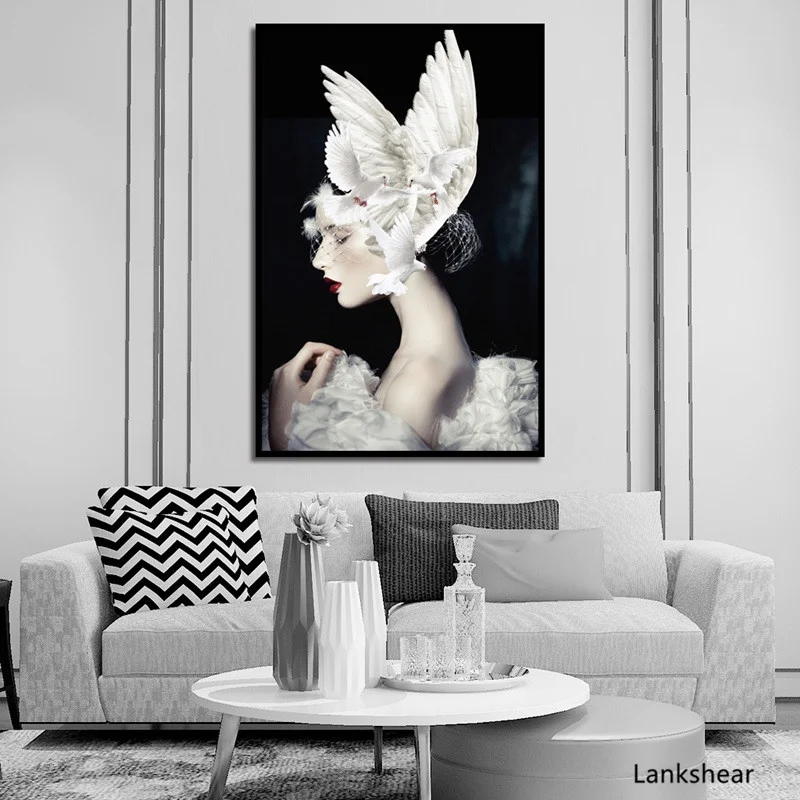 

Nordic Canvas Painting Beauty Girl with White Dove Painting Modern Home Decoration Canvas Art Wall Pictures Living Room Decor