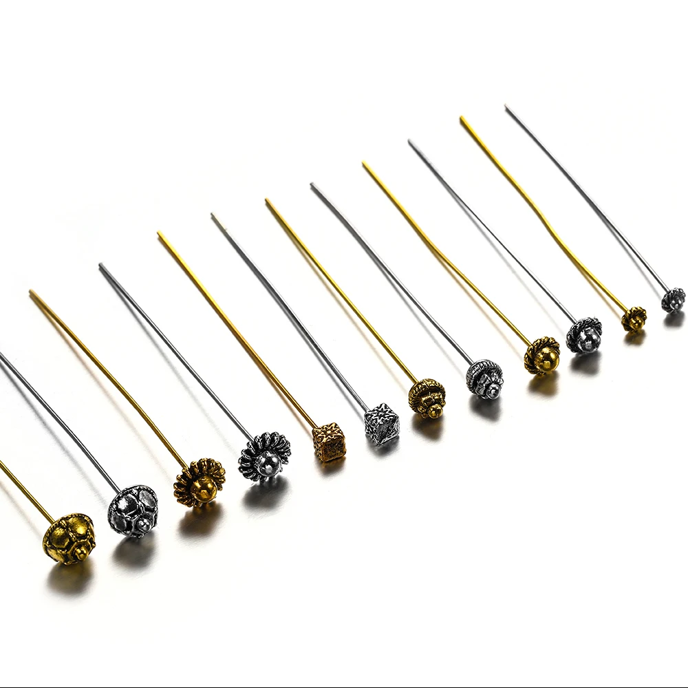 

20Pcs 50mm Retro Gold Flower Head Pins Beads Ball Pins Needles Headpin Connector for DIY Jewelry Making Findings Accessories