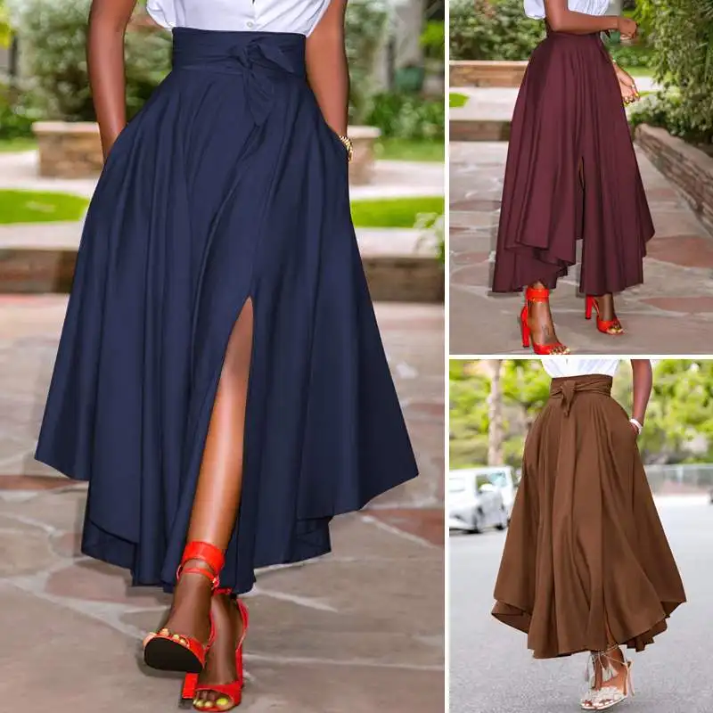 

Long Maxi Skirts ZANZEA Women Skirts Summer Vintage Zipper High Waist A-line Skirt Solid Irregular Beach Skirt Faldas Saia S-