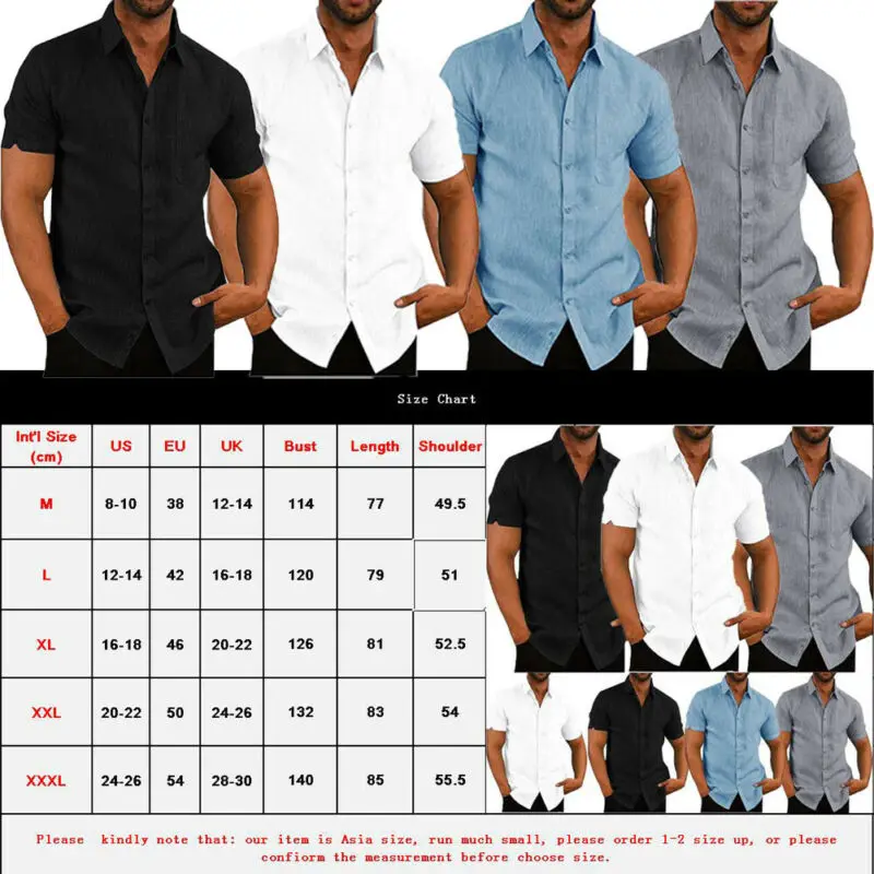 

Men's Short Sleeve Turn-down Collar Shirts Casual Loose Linen Shirt Blouse Tops Chest Pocket Design Black White Gray Blue