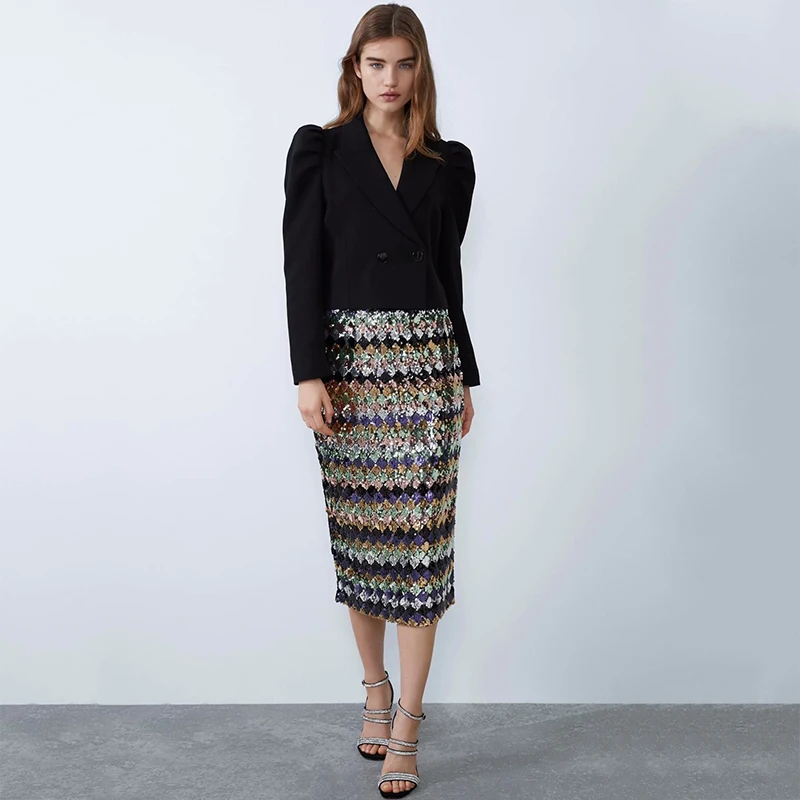 2019 ZA новая расшитая блестками юбка для женщин с разноцветными в полоску модная