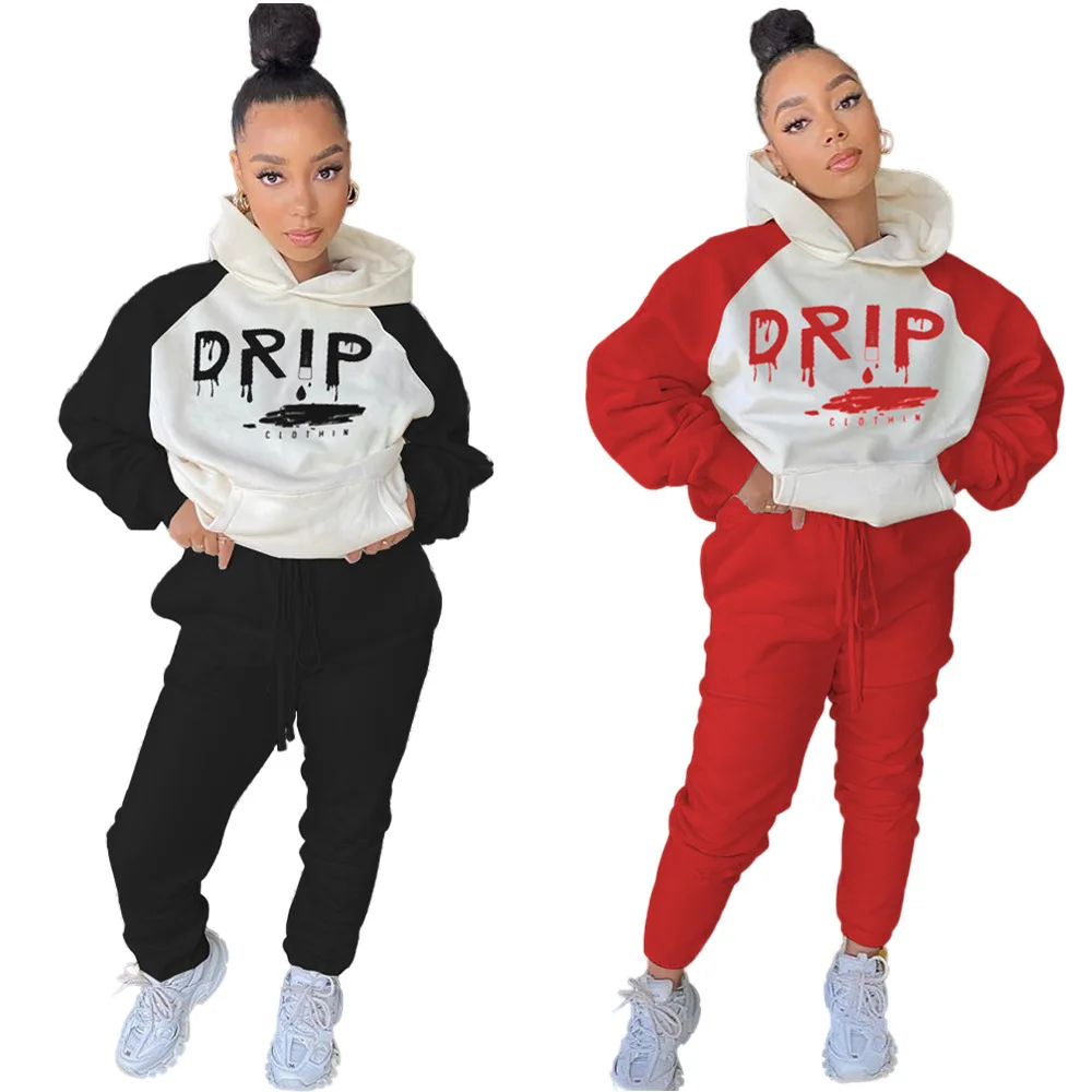 

Winter color contrast sweater two-piece women's long-sleeved top and trousers fashion letter printing casual suit