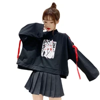 womens anime fox print cross ribbon womens lolita girl t shirt harajuku spring black top skirt