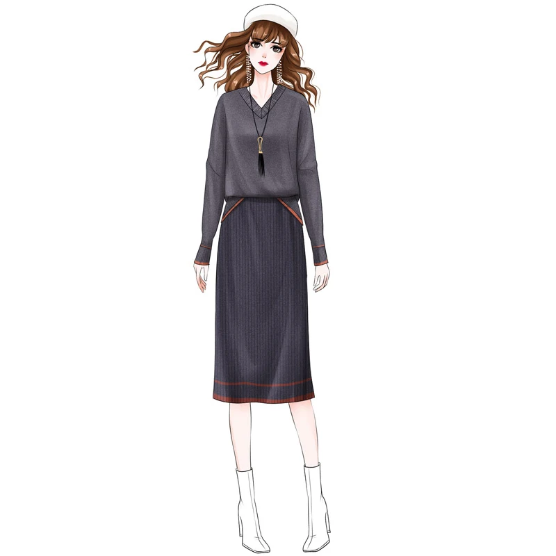 

Large size Women's Knitted Cotton lady Set Sweater 2019 Autumn and Winter New Fat Sister Knit Top skirt V-neck Two-Piece Set