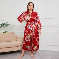 8813 imitated silk fabric satin bathrobe women sleep night wear plus size home dress japan style flower dots leopard full sleeve