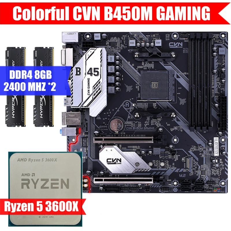 

Colorful CVN B450M GAMING & Ryzen 5 3600x & DDR4 8GB 2400MHZ*2 Combination Kit Support M.2 NVME AMD B450 Socket AM4 5800X/3700x