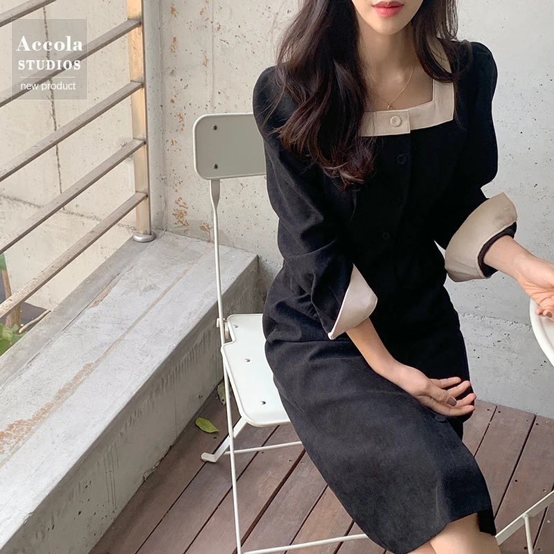 

Autumn and Winter New Retro French Single-Breasted Square-Neck Cinched Mid-Length Dress Women's Slimming Temperament Base Inner