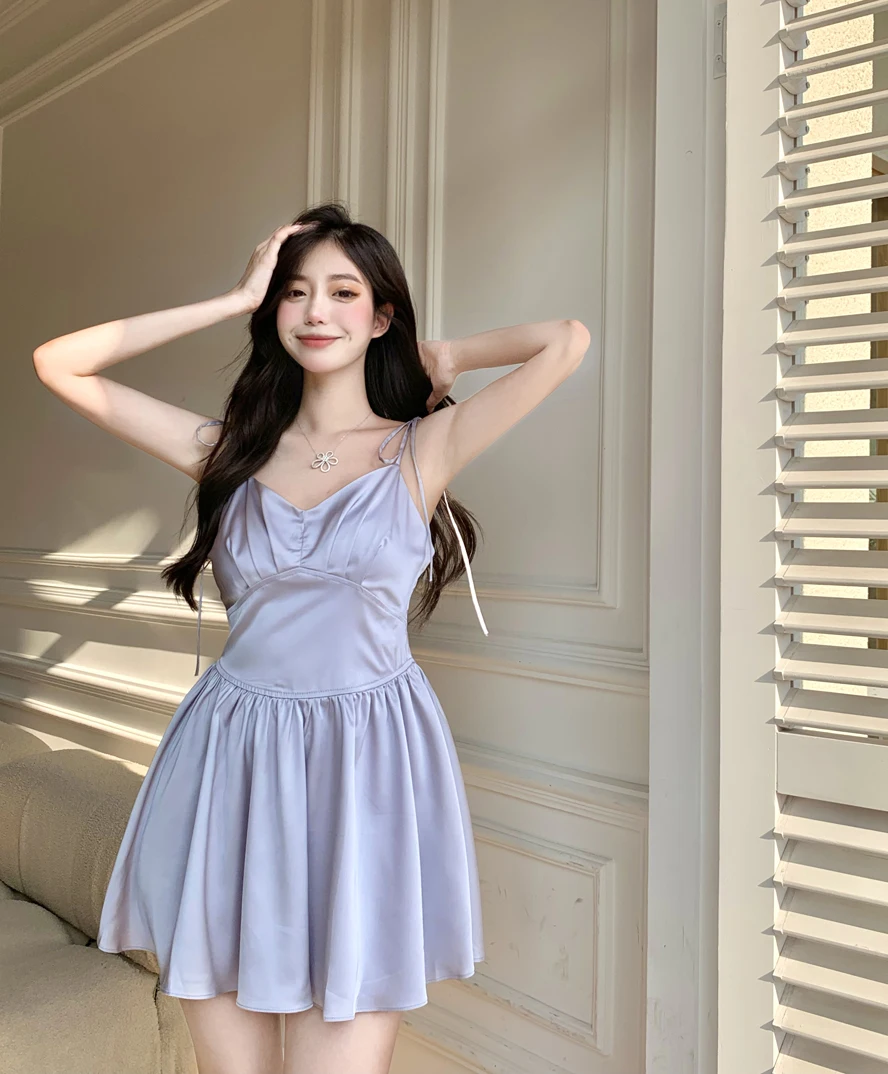 

Satin Fancy Dress Summer Women Sexy Spaghetti Strap V-Neck Slim Waist A-line Dress YOU318