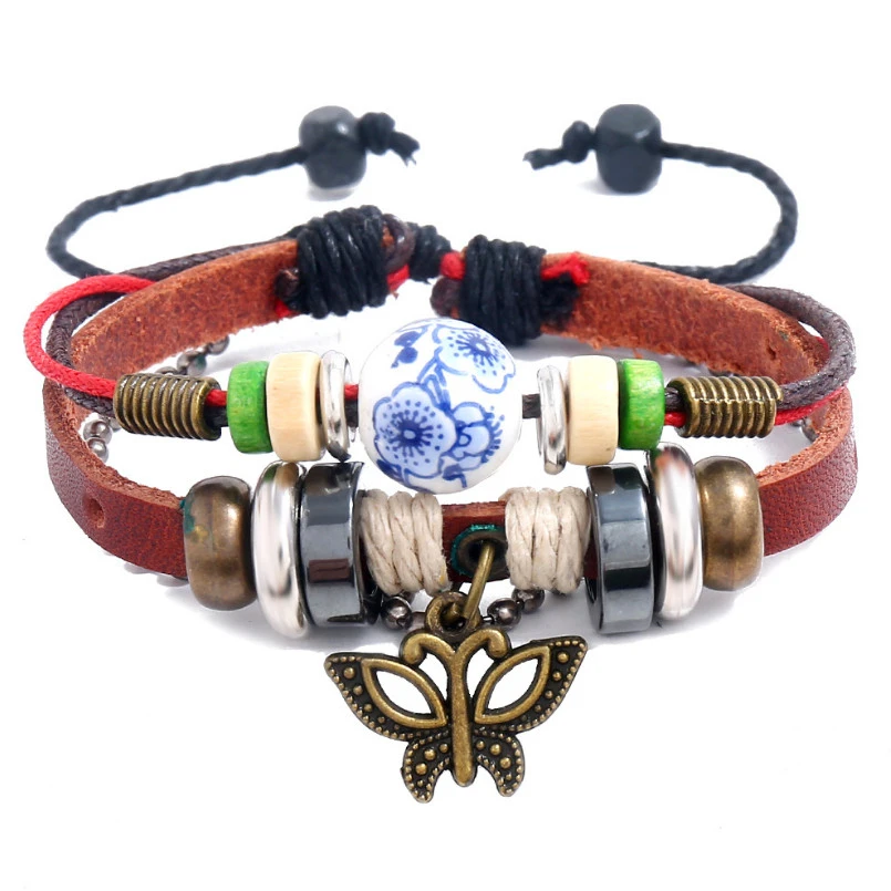 Модный винтажный Браслет манжета из сплава с подвесками в виде бабочки Кожаный