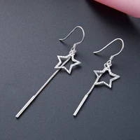 korea new fashion elegant asymmetric tassel real solid 925 sterling silver hanging star drop earrings for women girls students
