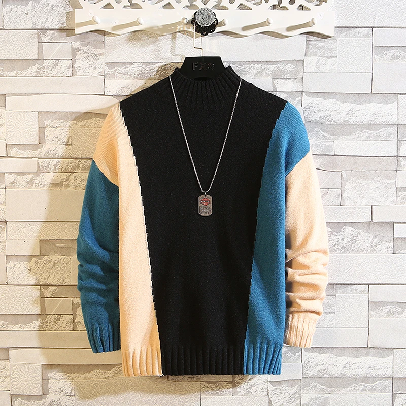 

2020 Turtleneck Sweater Men Wool Pullover Mens Patchwork Sweaters Male Jumper Casual Thermal High Quality knit Sweter