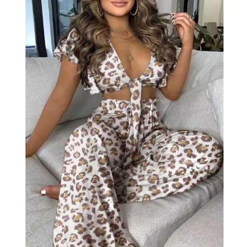 

Two Piece Set Women Clothes For Ladies Outfits Ruffle Trim Knotted Crop Top and High Waist Wide Leg Pants Set Colorblock Ruffles