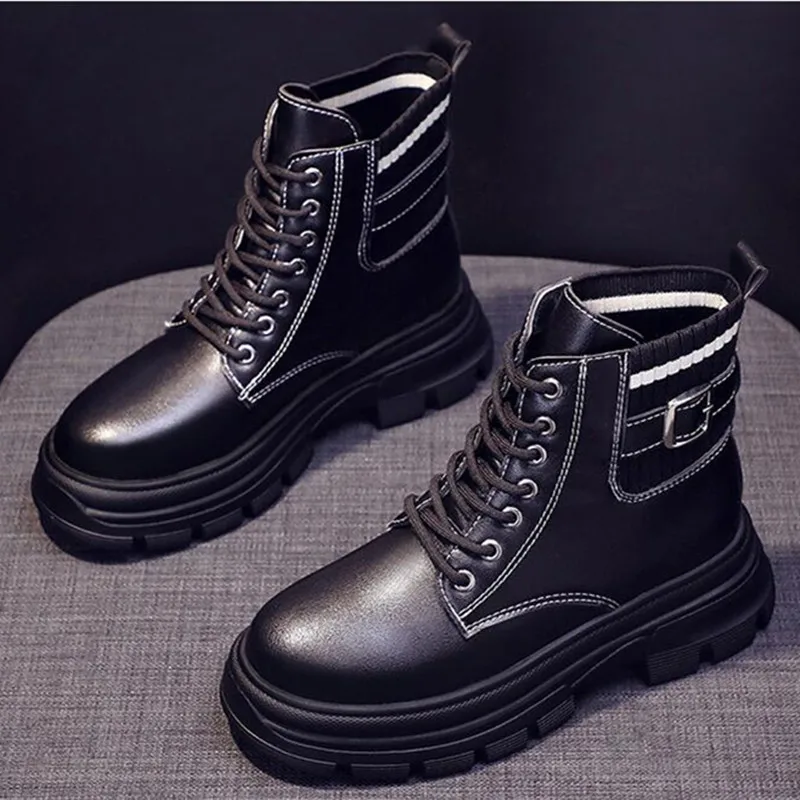 Womer Combat Boots Platform Women Ladies Shoes Fall Fashion Lace Up Beige Black Ankle Boots for Women Leather Platform Heel Boot