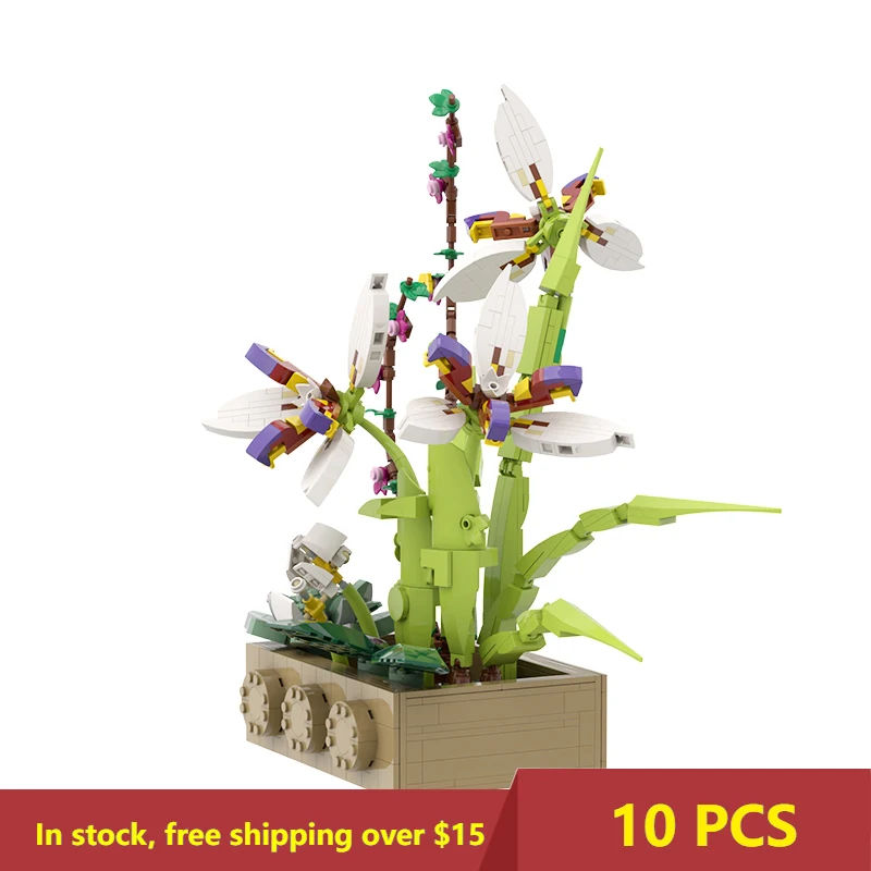 

Кубики MOC для горшечных растений, Орхидея, зеленые растения, ваза, цветы, бонсай, домашнее украшение «сделай сам», Обучающие игрушки, подарок ...