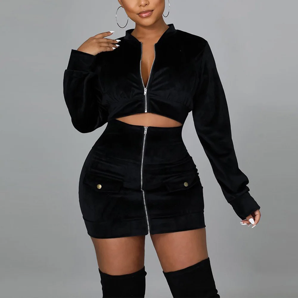 

2 Pieces Skirts Sets With Top Women Velvet Solid Blouse & Mini Skirt Black Brown Zipper Closure Winter New Fashion Outfits Sets