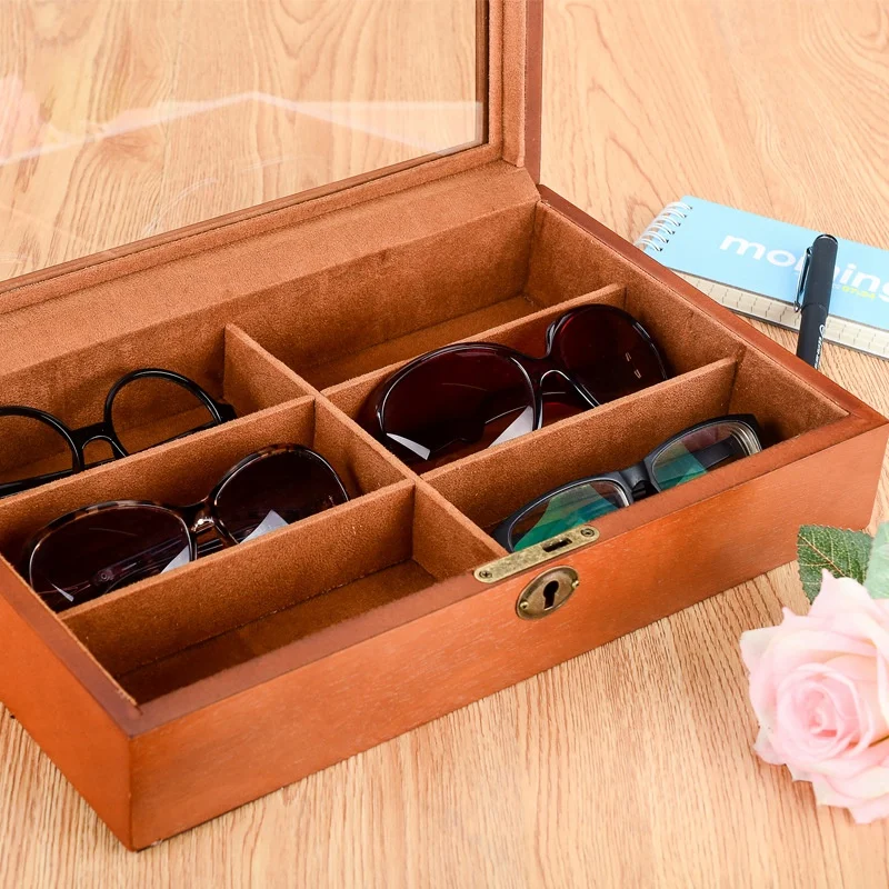 Big deal Wooden 6 Grids Glasses Storage Box Sunglasses Storage Organizer Eyeglasses Display Organizer Jewelry Box with Cover