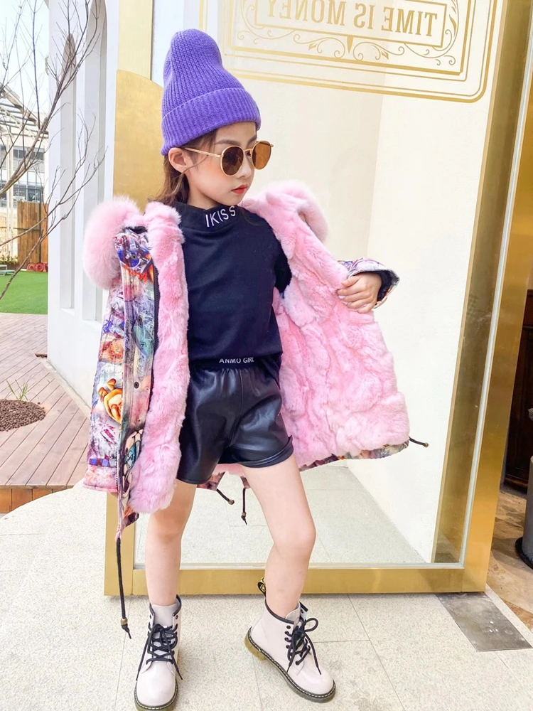 

Waterproof Long Parka Real Fur Coat Boys Girls Winter Jacket Natural Fox Fur Collar Real Rabbit Fur Liner Detachable Warm TZ640