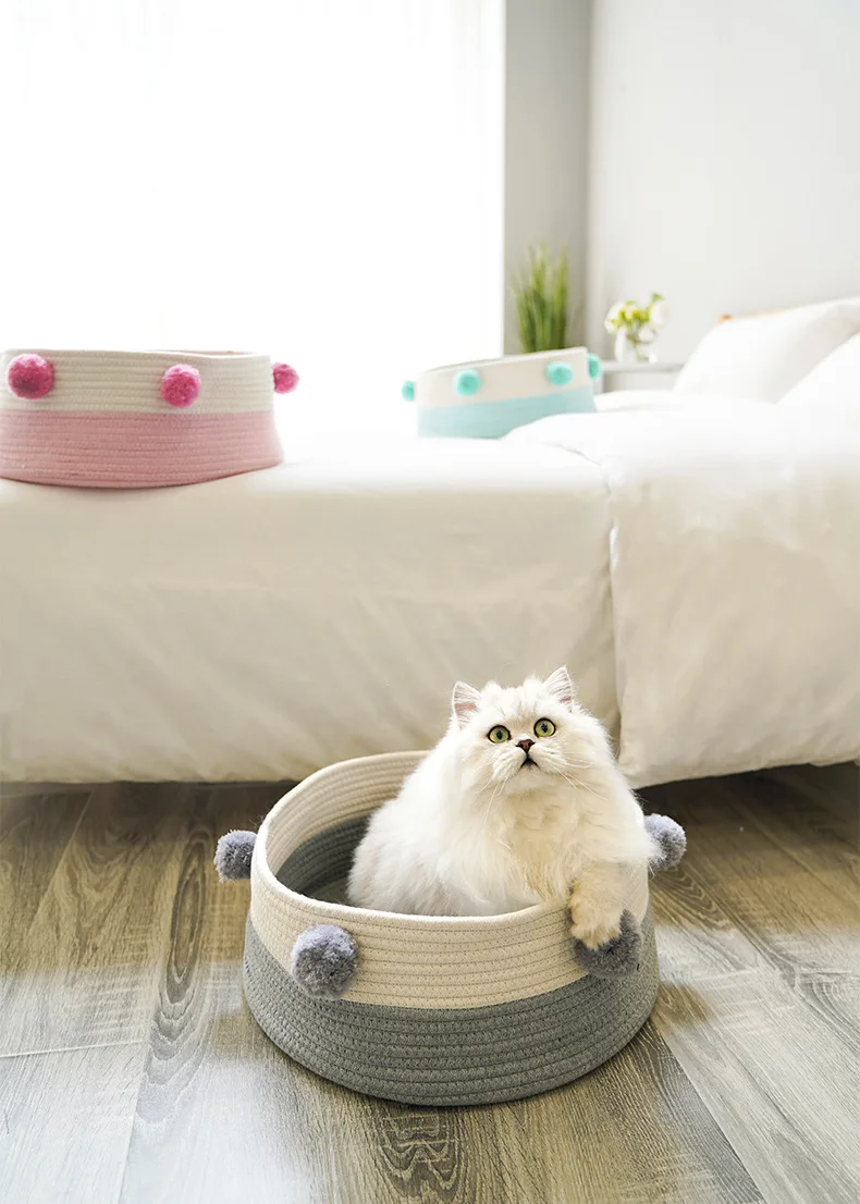 

Home Cotton with velvet Universal Round Cat Bed Basket Nest Cotton Rope Woven Warm Pet Sleeping Bed House Scratching Mat Pad
