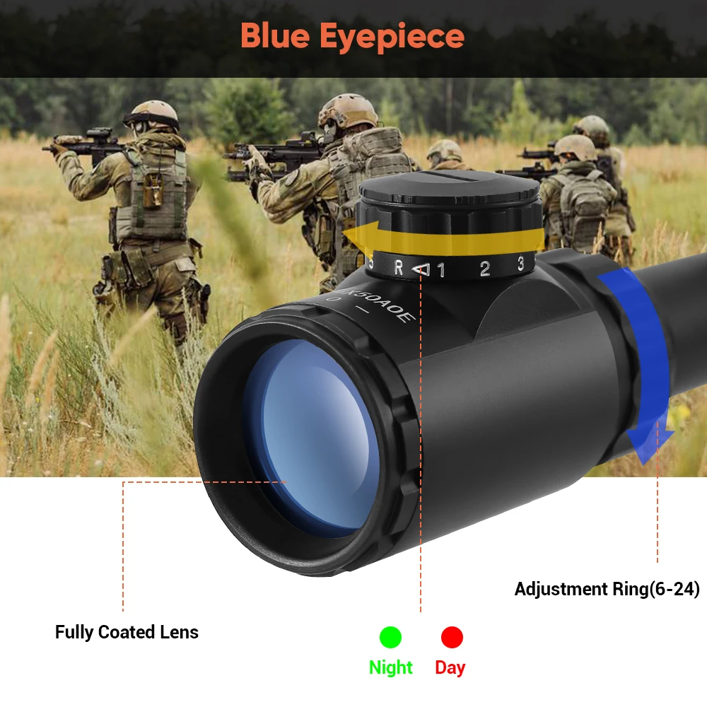6 24x50 AOE Riflescope Регулируемый зеленый красный точечный охотничий светильник Оптика