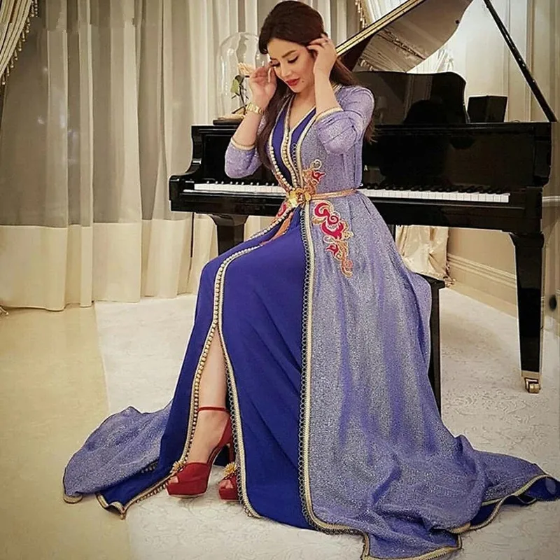 

Moroccan Kaftan Caftan Muslim Evening Dresses A-line V-neck 3/4 Sleeves Appliques Dubai Arabic Turkey Abaya Islamic Gown