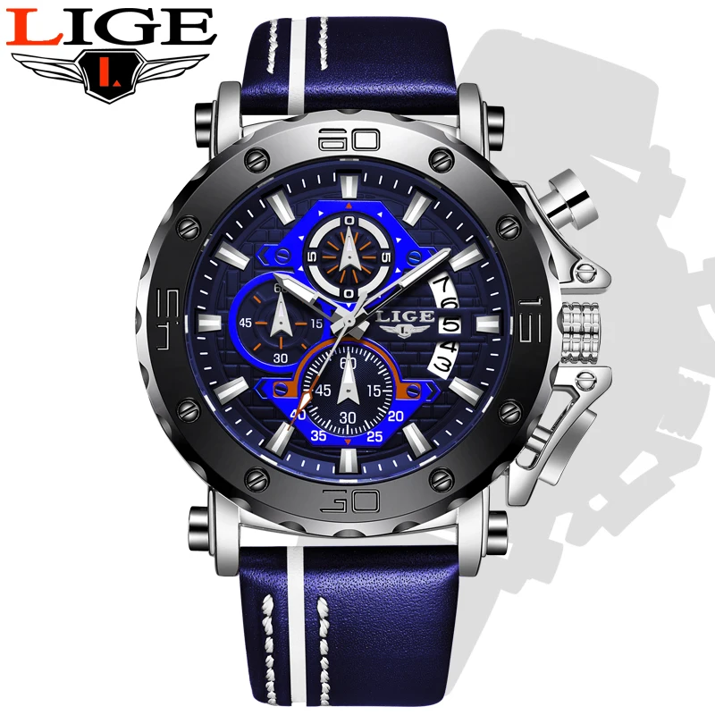 

LIGE Men Watches Large Dial Military Quartz Watch Leather Sports Waterproof Wristwatch Male Clock erkek kol saati relogio man