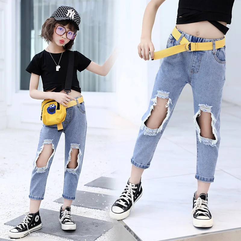Girls Ripped Jeans 2021 Summer New Large Children Qi Gai Ku Fashionable Denim Ankle-length Pants Song Yao Dai | Мать и ребенок