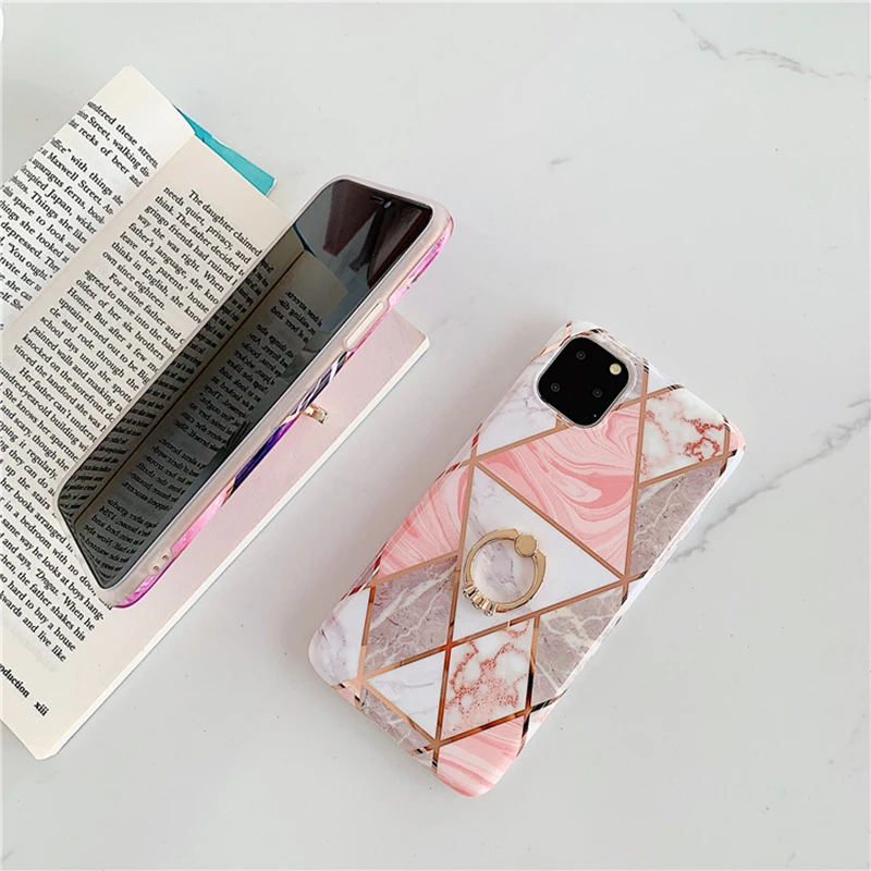 Гальванический геометрический мраморный чехол с кольцом держателем для