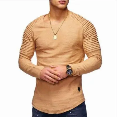 

Hot 2021 Solid Color Sleeve T-Shirt Pleated Patch Detail Long Sleeve Men Spring Casual Tops Pullovers Fashion Men Clothing