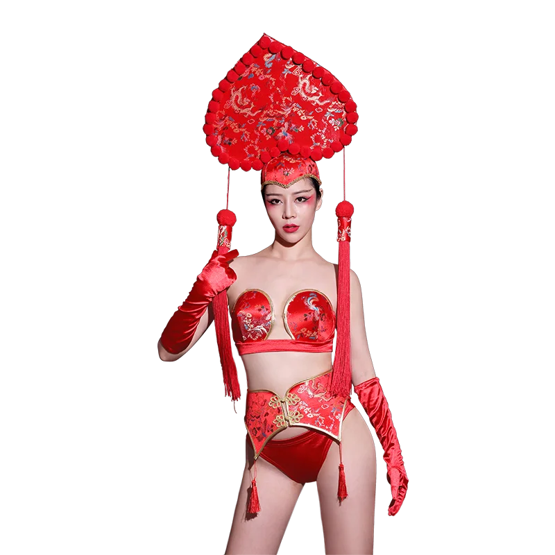 

New Spring Festival Outfit Rave Headwear New Year'S NightClub Bikini GoGo Leading Dance Costume Retro Body Suit For Show Costume