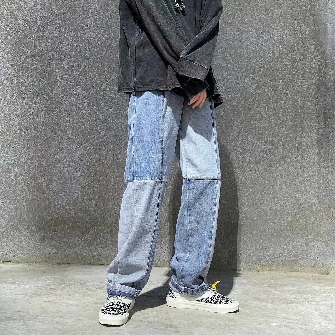 Men Wash Splice Casual Straight Beggar Patch Patchwork Jeans Trousers Male Fashion Streetwear Harajuku Loose Hip Hop Denim Pants