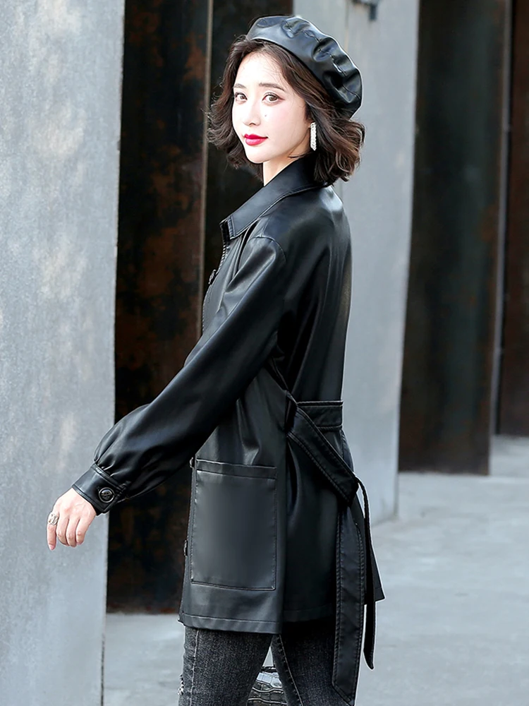 New Women Sheep Leather Jacket Spring 2022 Casual Fashion Turn-down Collar Solid Loose Sheepskin Trench Coat Leather Outerwear