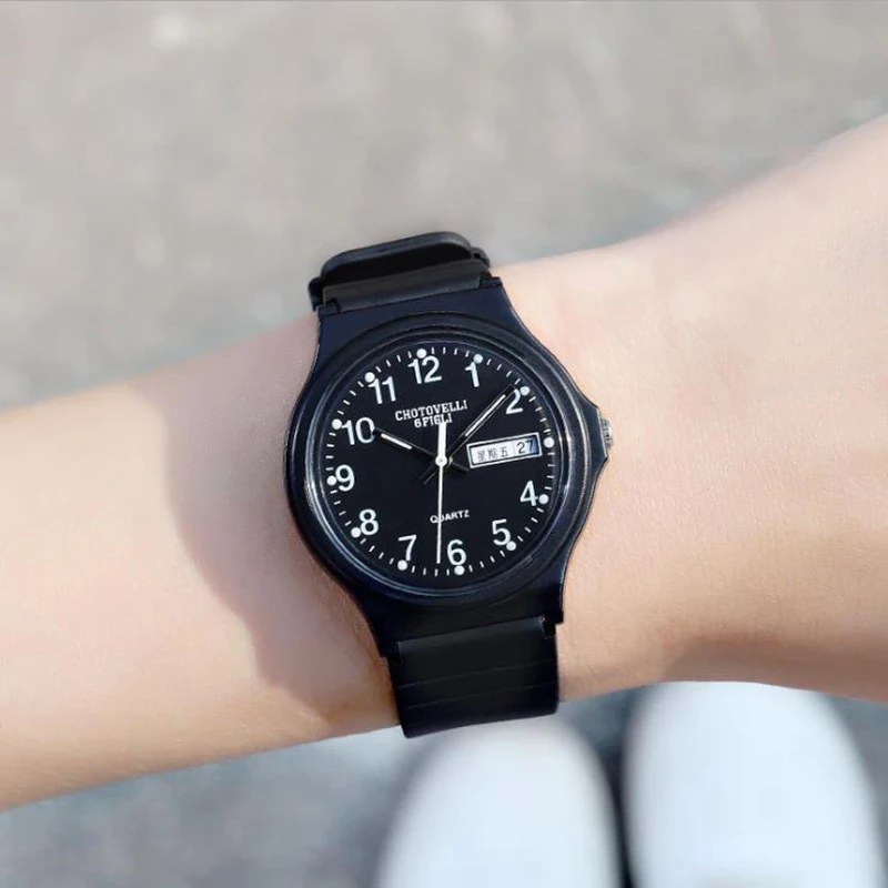 

Fashion trend leisure sports dual calendar creative watch waterproof silicone small black watch quartz watch