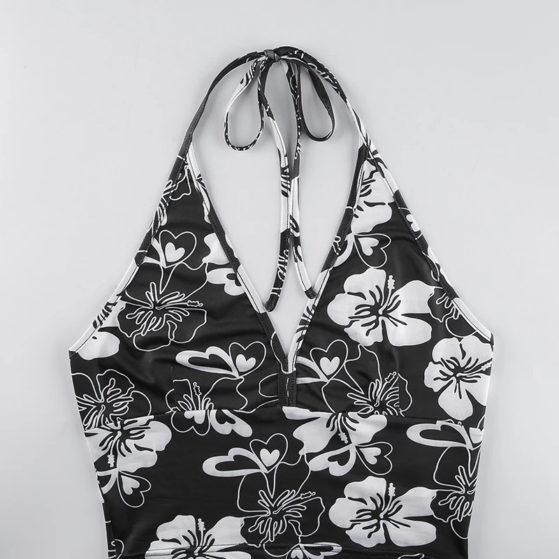 

IAMSURE Floral Halter Top Sexy Slim V-Neck Sleeveless Crop Top Casual Holiday Tank Tops 2021 Fashion Streetwear Beach Style Y2K