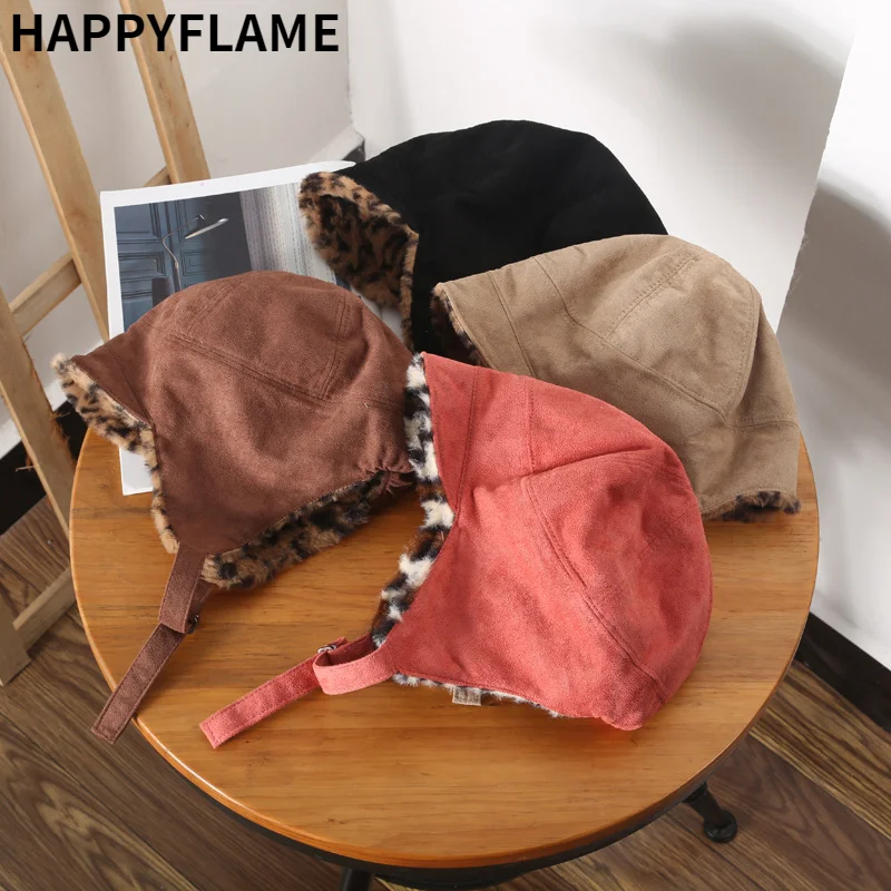

Suede Double-sided Lei Feng Hat Winter Warm Ear Protection Tether Windproof Bomber Hats Leopard Print Plush Hat Cycling Hat