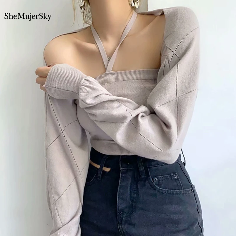 

SheMujerSky Women Knitted Long Sleeve Extrashort Sweater And Halter Top Matching Set 2021 Solid Color Elastic Slim 2 Pcs Set
