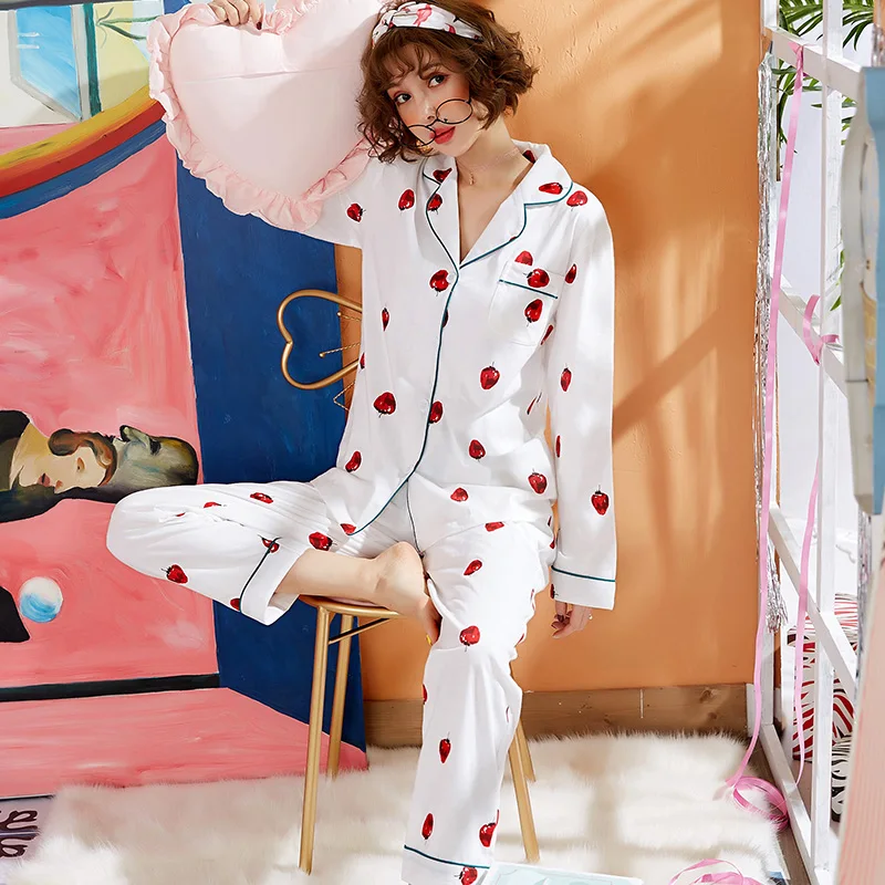 Весенне-осенняя Хлопковая пижама с клубничкой и штаны длинным рукавом милый
