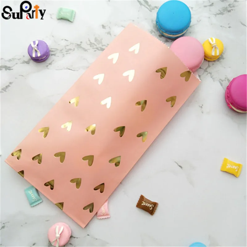 100 шт Румяна розовые бумажные сумки Золотые Фольга Сердце вечерние Подарочные