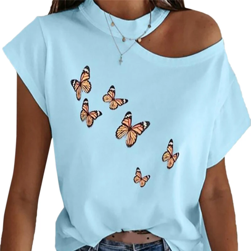 

2021 Summer Women Sexy Strapless Butterfly Printed T Shirt Female Halter Short Sleeve T-Shirt Camiseta Mujer
