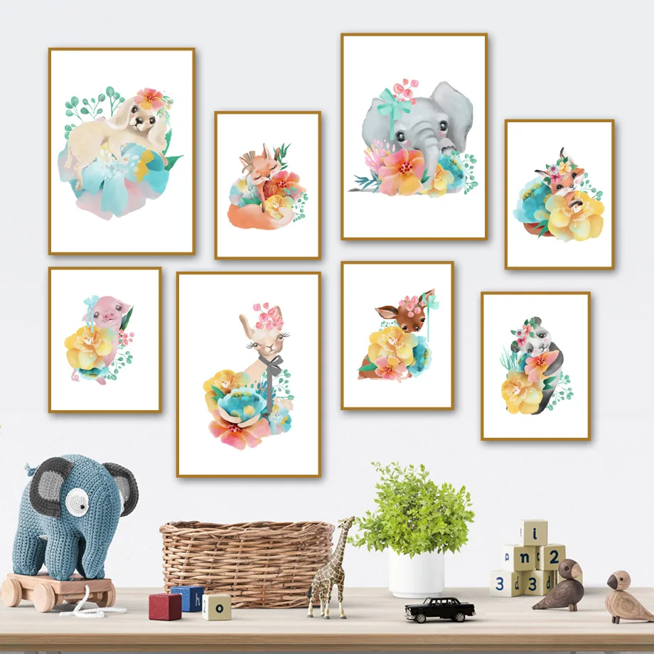 

Cute Cartoon Colorful Flowers Pig Alpaca Nordic Posters and Prints Wall Art Canvas Painting Animal Wall Pictures Kids Room Decor